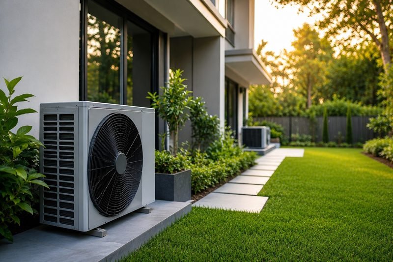 Modern home with a newly installed outdoor HVAC condenser unit at sunset